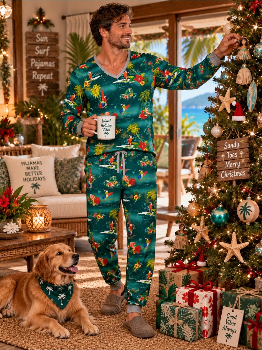 Tommy Bahama Tropical Christmas Santa Pajama Set Men’s S